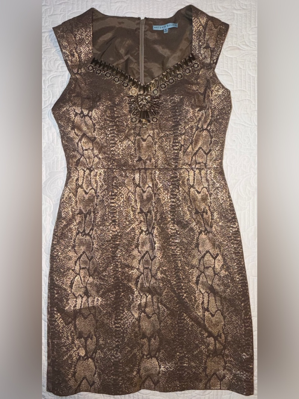 ANTONIO MELANI Bronze Snake-Print Midi Sheath Dress